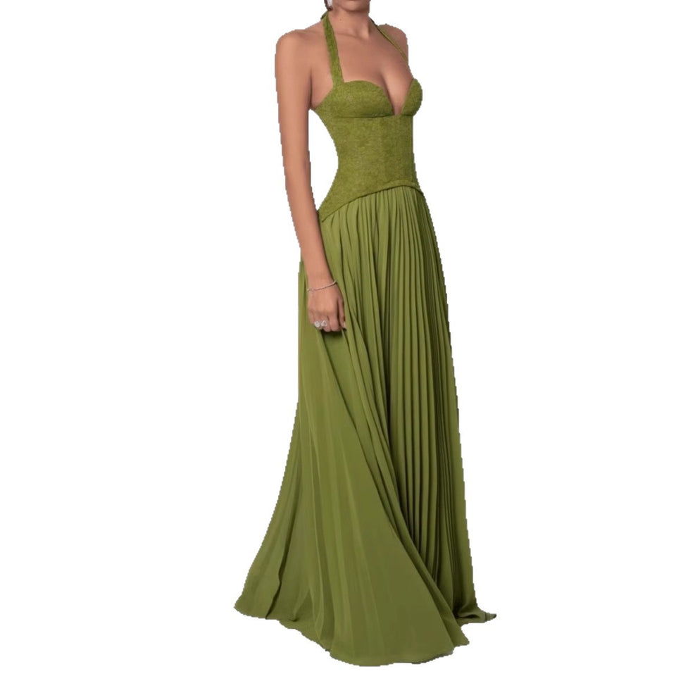 Elegant women's dress with a patchwork long skirt, scarf collar, back strap and strapless dress