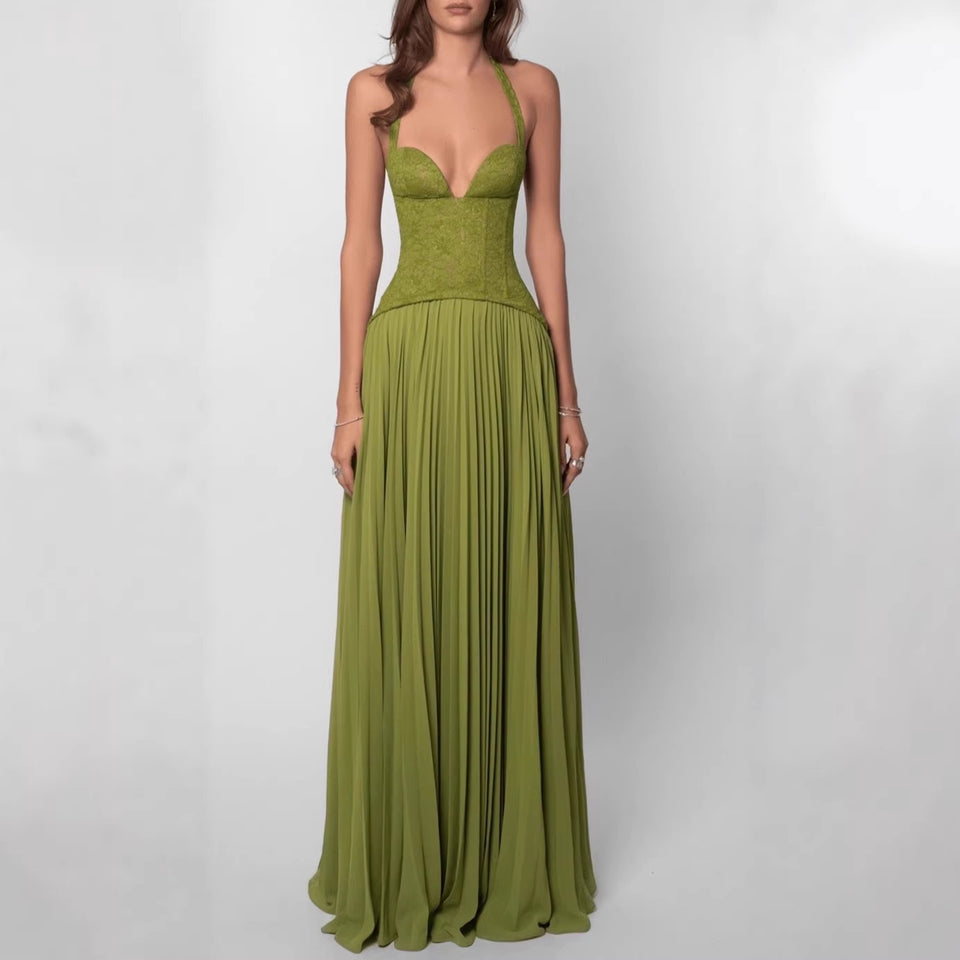 Elegant women's dress with a patchwork long skirt, scarf collar, back strap and strapless dress