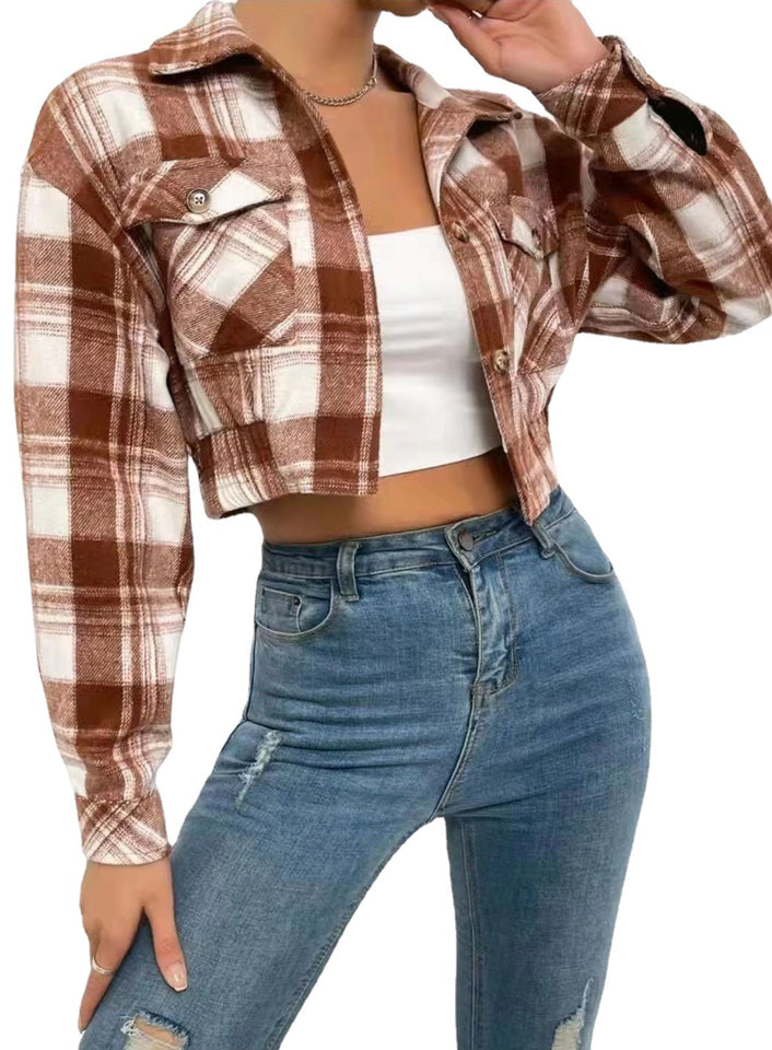 Women's Plaid Shirt Woolen Cloth Breasted styled with a cropped design and brown check pattern.