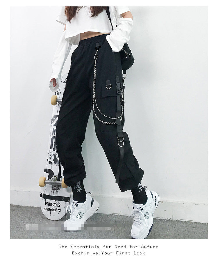 Bunched feet cargo pants female show thin high waist autumn handsome black pants female loose straight tube Korean version of trend send chain
