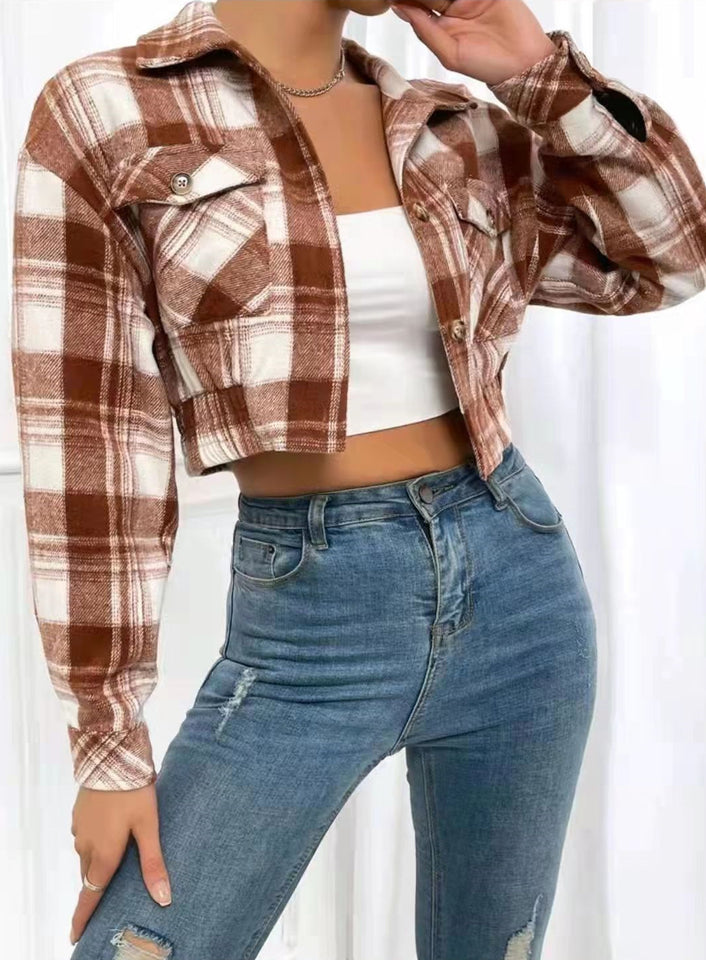 Women's Plaid Shirt Woolen Cloth Breasted styled with a cropped design and a trendy look.