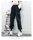Bunched feet cargo pants female show thin high waist autumn handsome black pants female loose straight tube Korean version of trend send chain