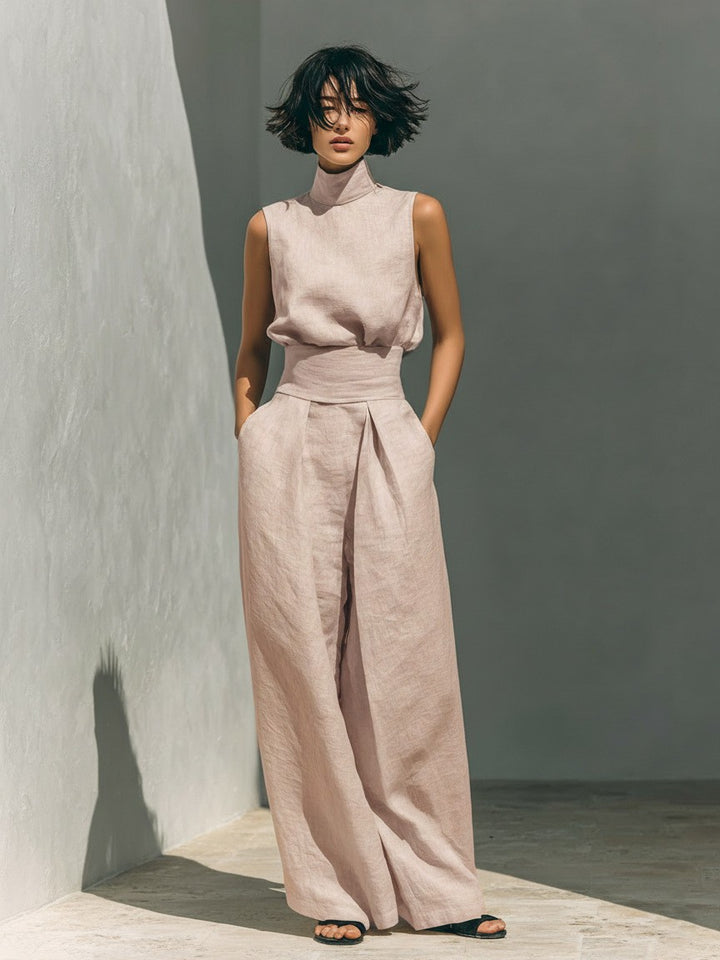 A solid-color, elegant women's cotton-linen blend sleeveless top and wide-leg