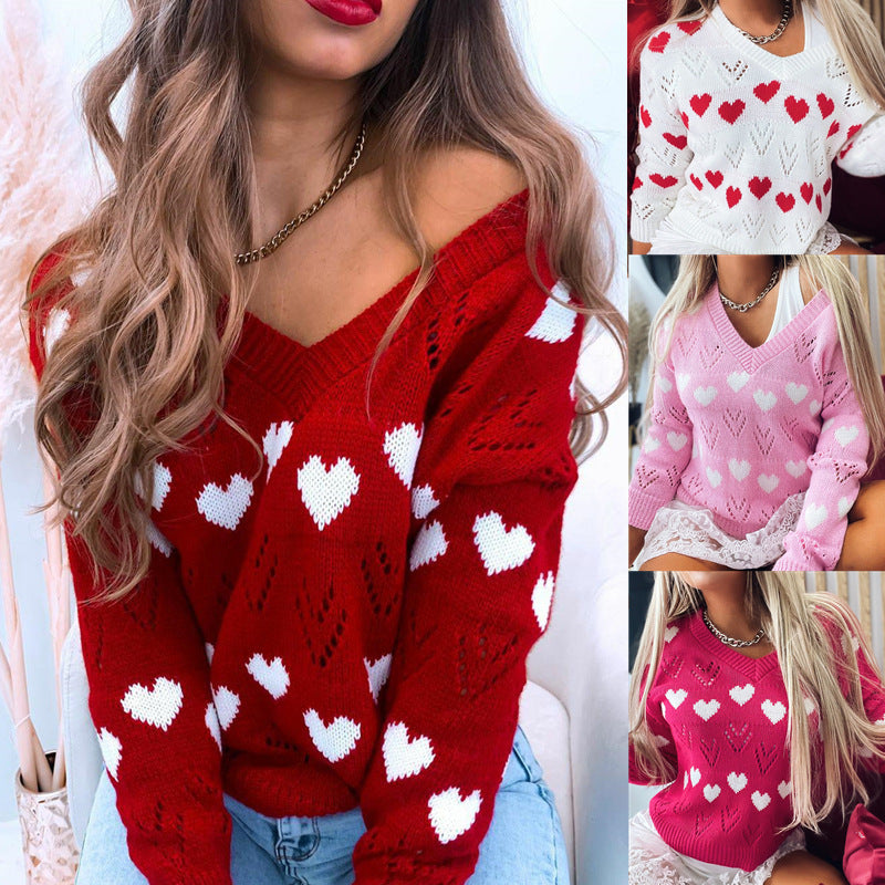 2021 autumn and winter women's sweater Europe and the United States new wish leisure V-neck love off-shoulder hollow sexy knitted sweater