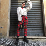 Loose high waisted retro plaid straight leg nine-point pants for women