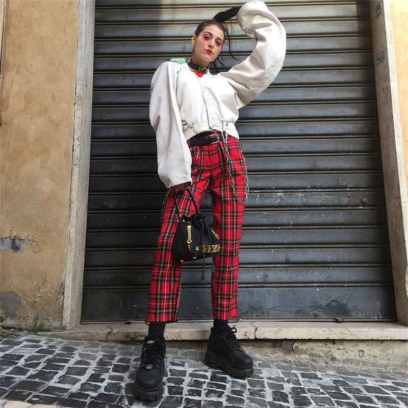 Loose high waisted retro plaid straight leg nine-point pants for women