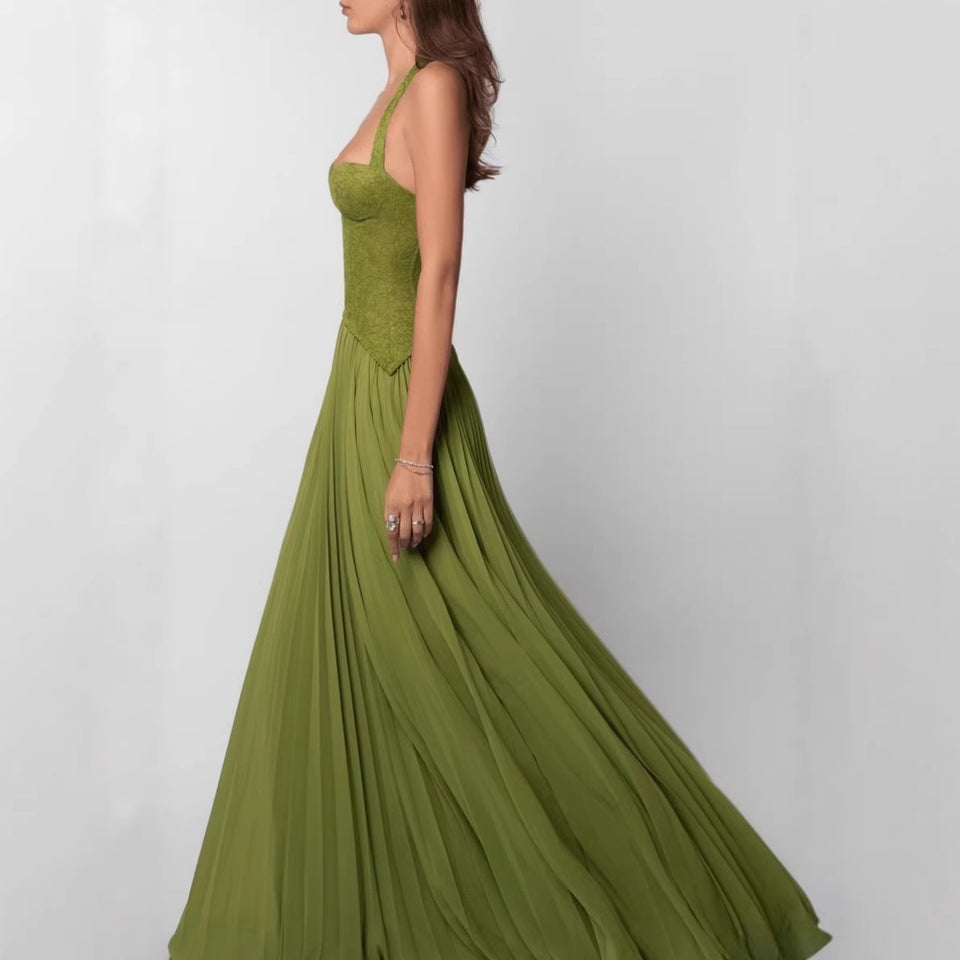 Elegant women's dress with a patchwork long skirt, scarf collar, back strap and strapless dress