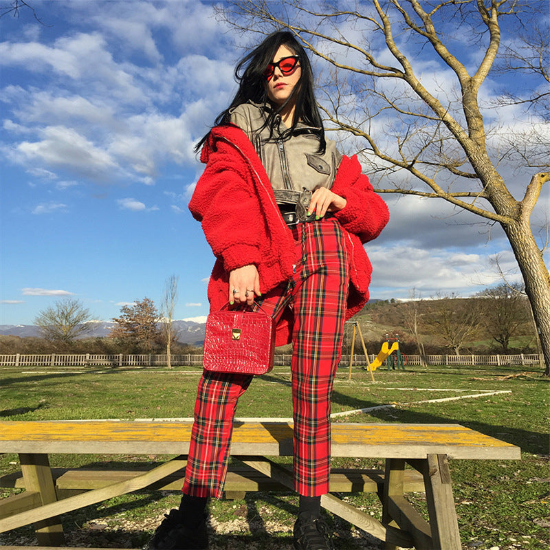 Loose high waisted retro plaid straight leg nine-point pants for women