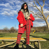 Loose high waisted retro plaid straight leg nine-point pants for women
