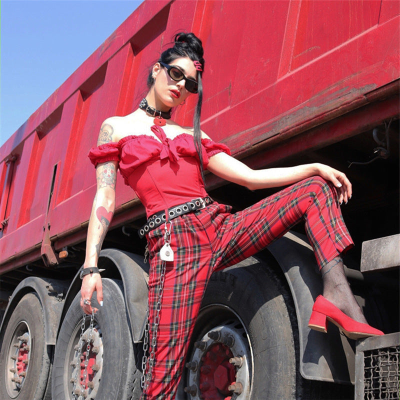 Loose high waisted retro plaid straight leg nine-point pants for women