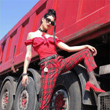 Loose high waisted retro plaid straight leg nine-point pants for women