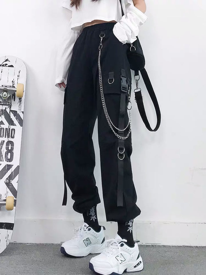 Bunched feet cargo pants female show thin high waist autumn handsome black pants female loose straight tube Korean version of trend send chain