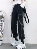 Bunched feet cargo pants female show thin high waist autumn handsome black pants female loose straight tube Korean version of trend send chain
