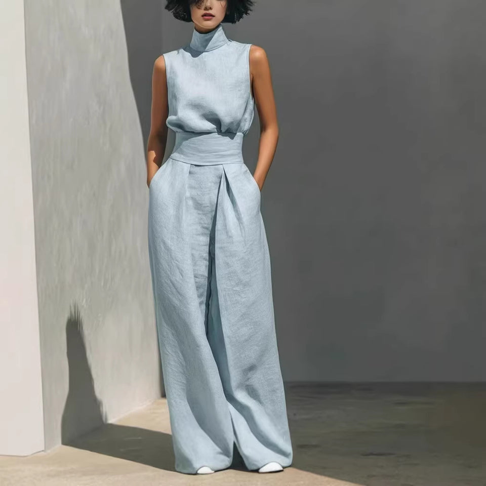 A solid-color, elegant women's cotton-linen blend sleeveless top and wide-leg
