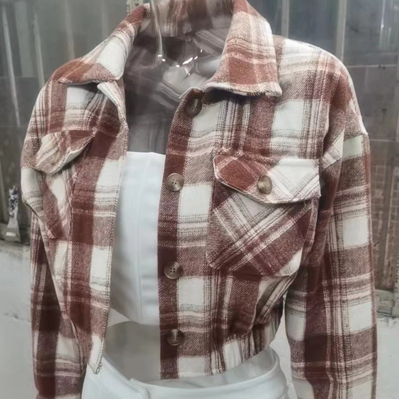 Women's Plaid Shirt Woolen Cloth Breasted featuring brown and white checked pattern with double-breasted buttons.