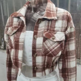 Women's Plaid Shirt Woolen Cloth Breasted featuring brown and white checked pattern with double-breasted buttons.