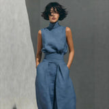 A solid-color, elegant women's cotton-linen blend sleeveless top and wide-leg