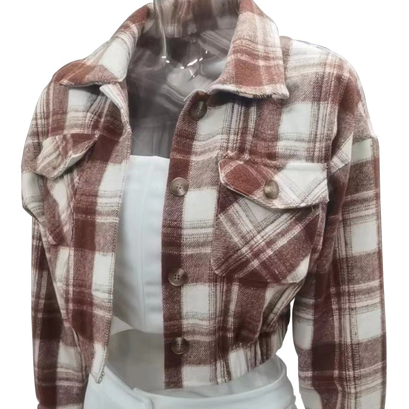 Women's Plaid Shirt Woolen Cloth Breasted featuring a stylish button-up design and cropped fit.
