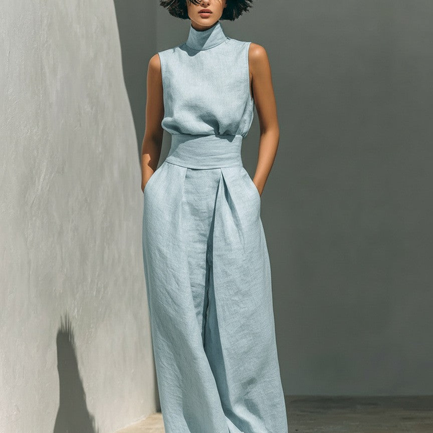 A solid-color, elegant women's cotton-linen blend sleeveless top and wide-leg