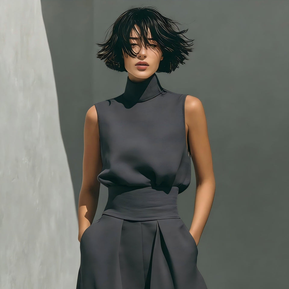A solid-color, elegant women's cotton-linen blend sleeveless top and wide-leg
