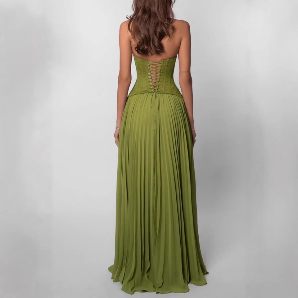 Elegant women's dress with a patchwork long skirt, scarf collar, back strap and strapless dress