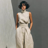 A solid-color, elegant women's cotton-linen blend sleeveless top and wide-leg