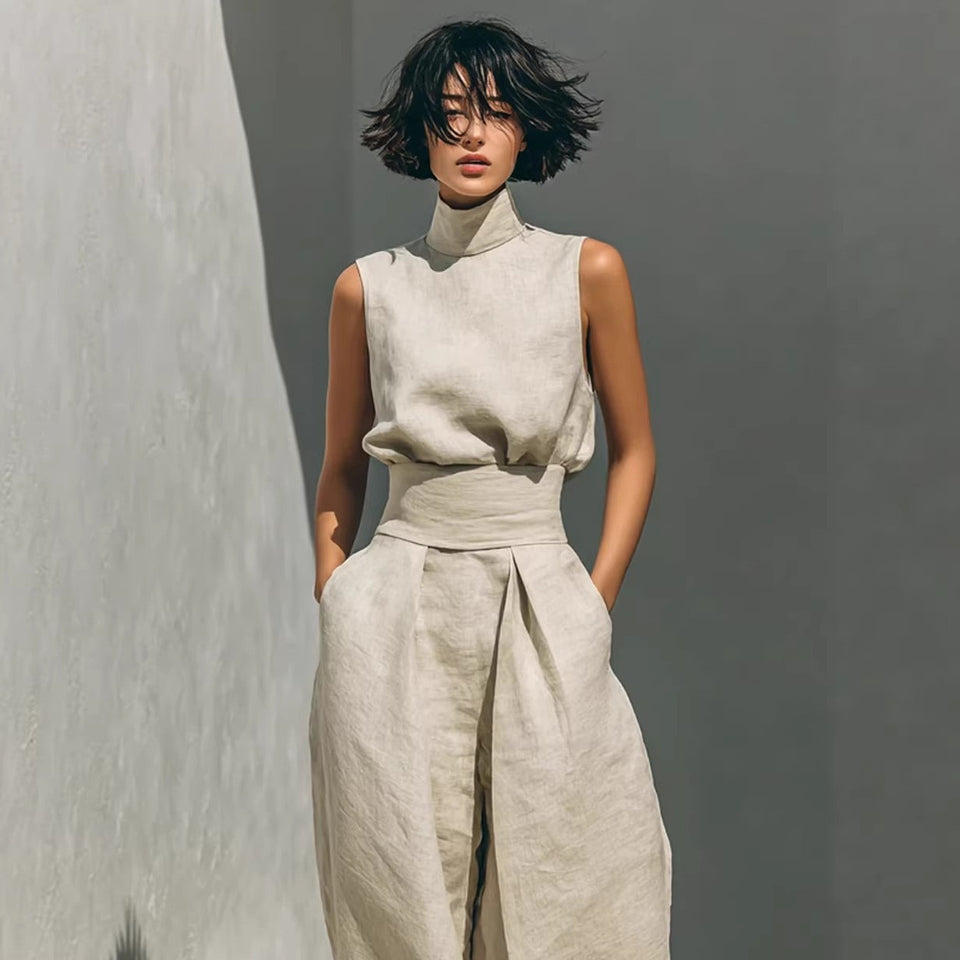 A solid-color, elegant women's cotton-linen blend sleeveless top and wide-leg