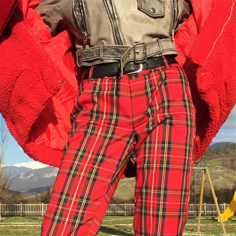 Loose high waisted retro plaid straight leg nine-point pants for women