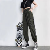 Bunched feet cargo pants female show thin high waist autumn handsome black pants female loose straight tube Korean version of trend send chain