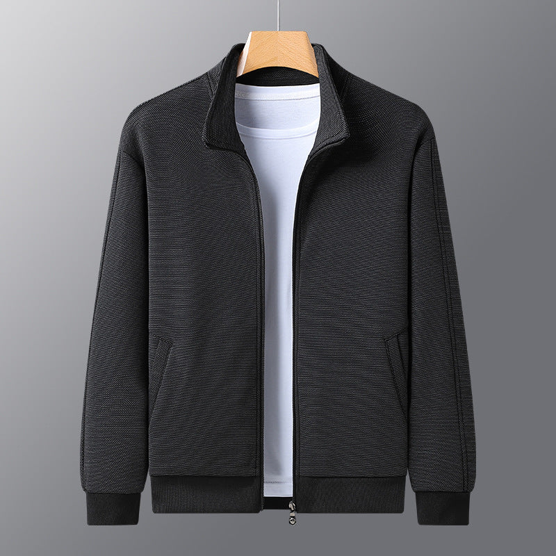 Dad Wears Jacket With A Stand-up Collar And A Casual Jacket