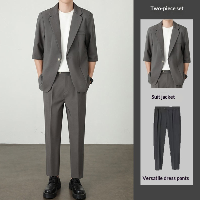 New Ice Silk Thin Summer Mens Casual Suit Jacket worn with versatile dress pants as part of a two-piece set.