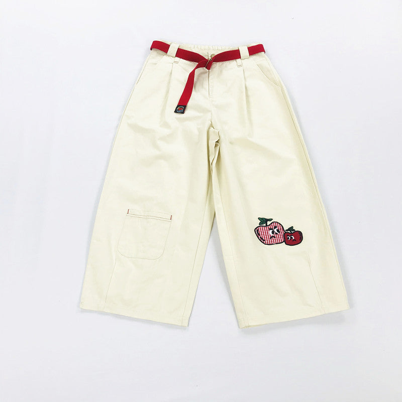 Japanese children's fun vitality girl fruit embroidery beige white bloomers nine minute pants student girl a hair generation