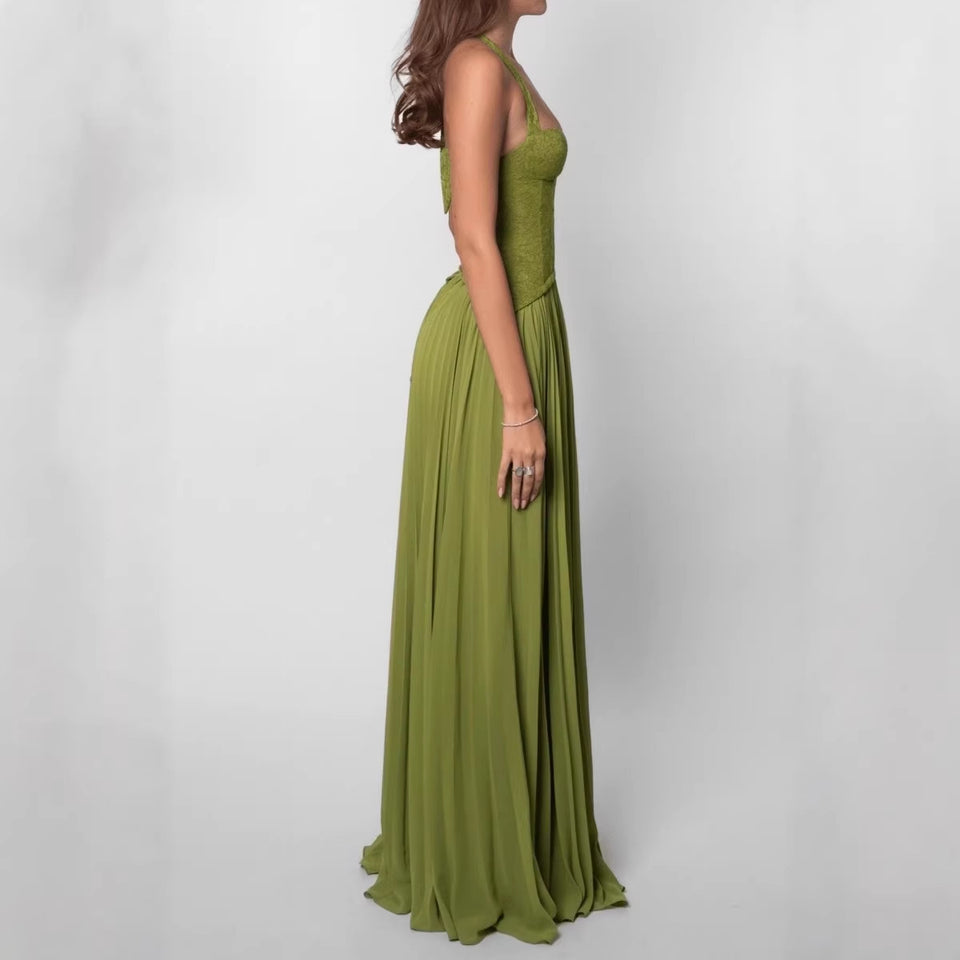 Elegant women's dress with a patchwork long skirt, scarf collar, back strap and strapless dress