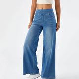 Women'S Fashion Jeans High Waisted Wide Leg Jeans Summer Casual Straight Baggy Jeans Color Block Patch Denim Trousers Sky Blue,L