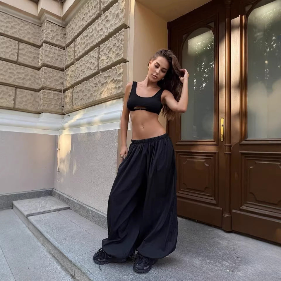 Ladies' laid-back casual pants, solid-color street style wide-leg balloon pants, daily loose and loose lantern pants