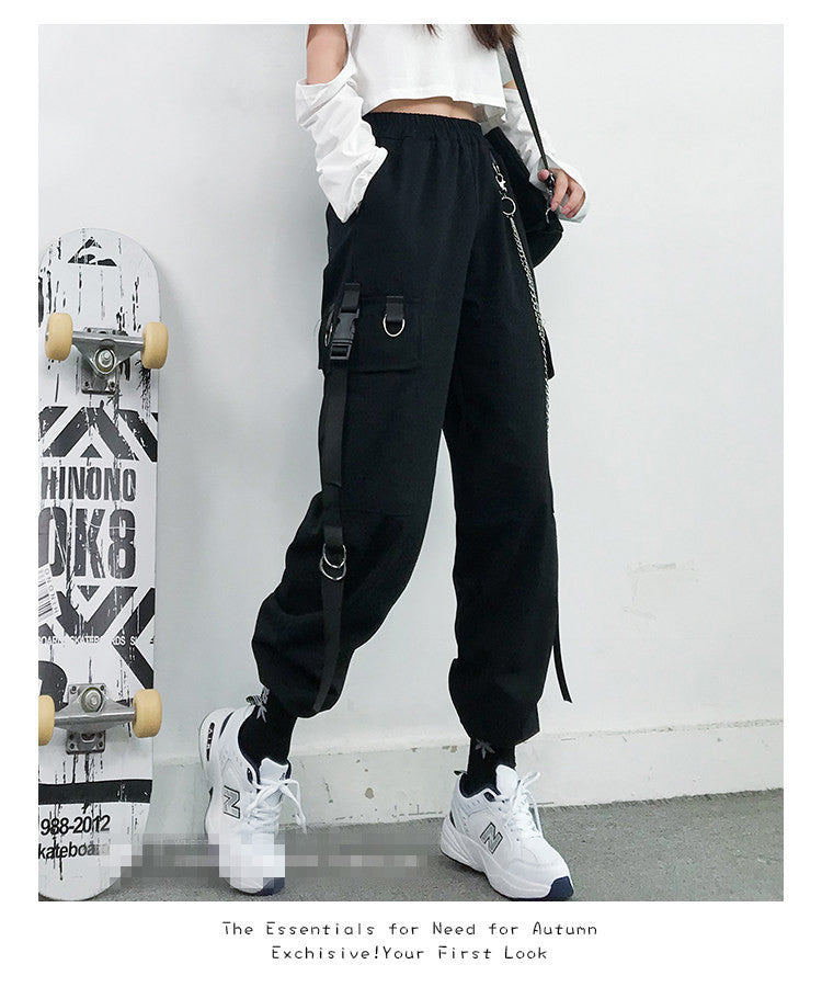 Bunched feet cargo pants female show thin high waist autumn handsome black pants female loose straight tube Korean version of trend send chain