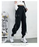 Bunched feet cargo pants female show thin high waist autumn handsome black pants female loose straight tube Korean version of trend send chain