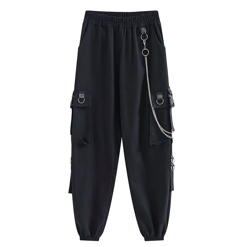 Bunched feet cargo pants female show thin high waist autumn handsome black pants female loose straight tube Korean version of trend send chain