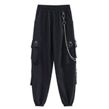 Bunched feet cargo pants female show thin high waist autumn handsome black pants female loose straight tube Korean version of trend send chain