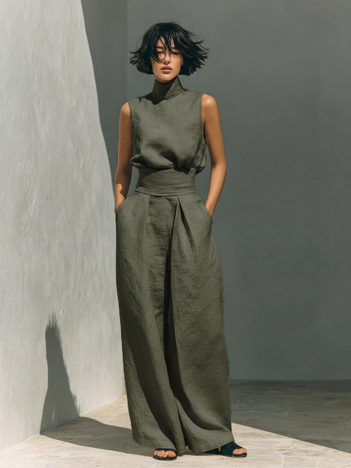 A solid-color, elegant women's cotton-linen blend sleeveless top and wide-leg