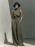 A solid-color, elegant women's cotton-linen blend sleeveless top and wide-leg